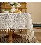 Beige Crochet Tablecloth with Tassels Boho Embroidered Lace Tablecloth Rectangular Linen Floral D...