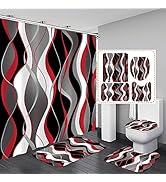 Nkzply 4 Pcs Red and Black Striped Shower Curtain Set with Rugs and Toilet Lid Cover Grey and Whi...