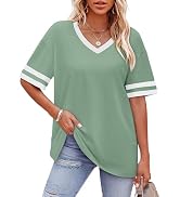 WIHOLL Womens T Shirts Loose Fit Short Sleeve Tees V Neck Color Block Summer Tops 2026 Fashion