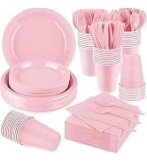 Aodaer 400 Pieces Pink Party Supplies Disposable Dinnerware Set Include Plastic Plates Cups Knive...