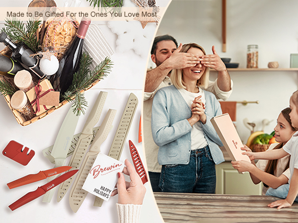 Multicolor kitchen knife gift set with sharpener, perfect for holiday gifting