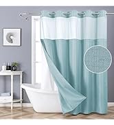 eachope Teal No Hook Shower Curtain with Snap-in Fabric Liner Set,Slub Textured Fabric Shower Cur...
