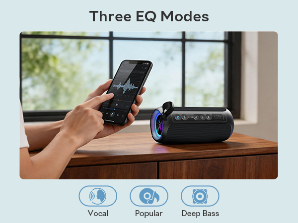 wireless speaker with 3 EQ modes: clear vocals, deep bass, and rich treble