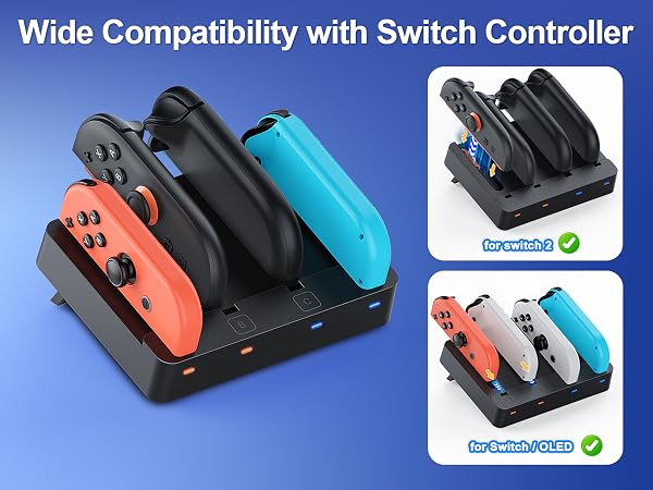 Charging dock station for Nintendo Switch controllers, featuring slots for multiple Joy-Cons and Pro controllers, shown against blue background with product demonstration photos.