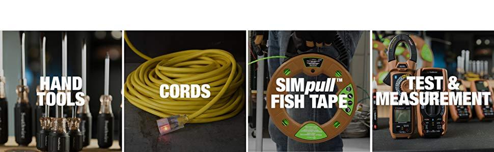 fish tape, hand tools, cords, meters