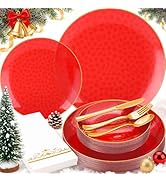 BONSINY 150 Pcs Red Plastic Plates - Fancy Plastic Dinnerware Set for 25 Guests - 50 Red Disposab...