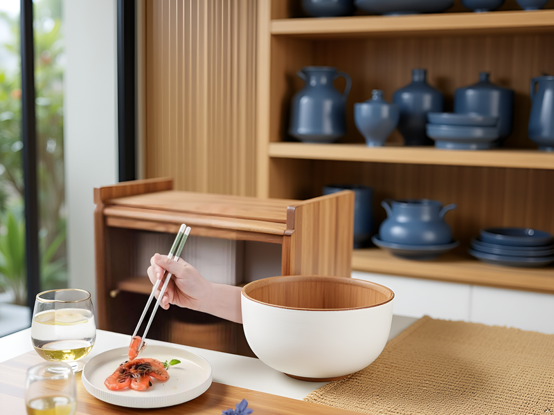 A wooden table with a bowl of steaming noodles and a pair of ceramic chopsticks resting beside it, w