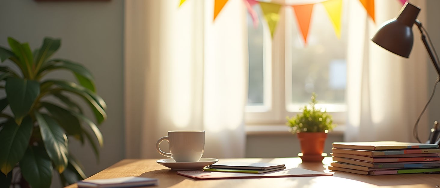 A cheerful and colorful desk workspace scene featuring scattered rainbow-patterned tape strips, past