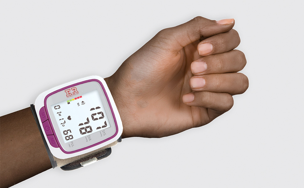 purple bp watch on wrist
