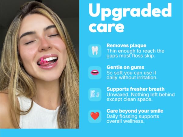 Young blonde woman smiling with Gfloss hands-free dental flosser.