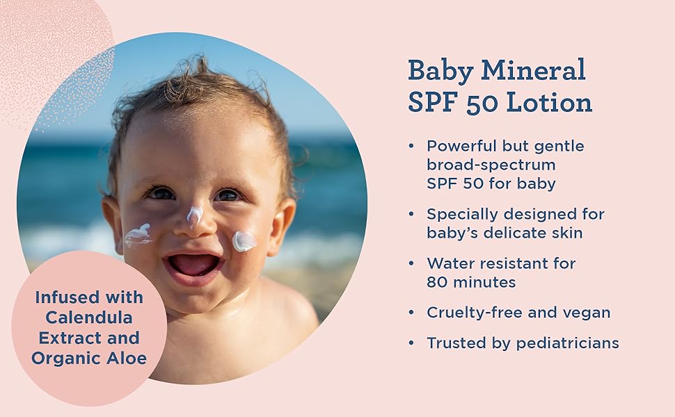 baby mineral spf 50 lotion, Infused with calendula extract and aloe, powerful but gentle