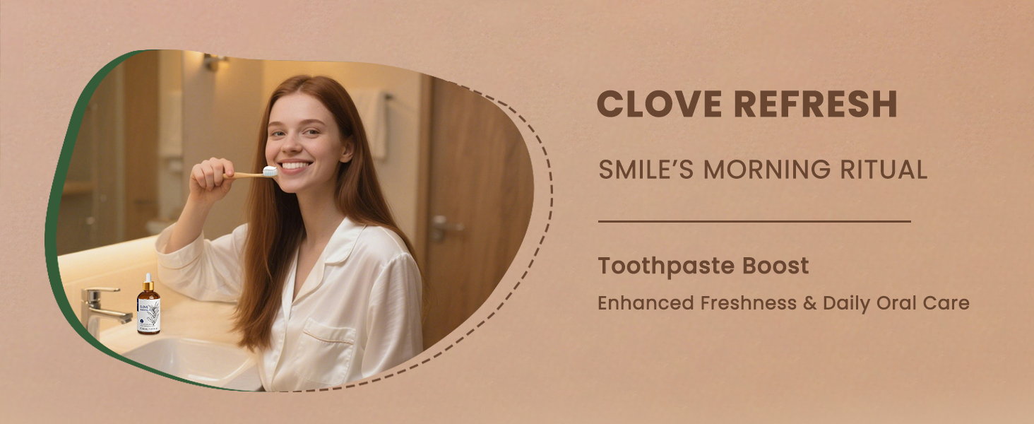 Text reads: 'CLOVE REFRESH SMILE'S MORNING RITUAL'. Skincare product advertisement showing bathroom counter setting with minimalist aesthetic and warm tones.