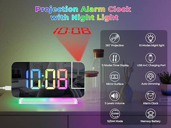 Projection led mirror digital alarm clock with rgb night light
