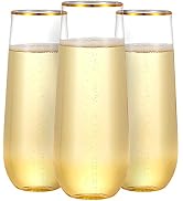 N9R 36PCS Plastic Champagne Flutes, 9 Oz Stemless Disposable Gold Rim Toasting Glasses, Crystal C...