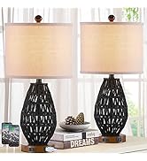 CINSARY Touch Control Rattan Table Lamps, 3 Way Dimmable Bedside Lamps for Bedroom Set of 2 with ...