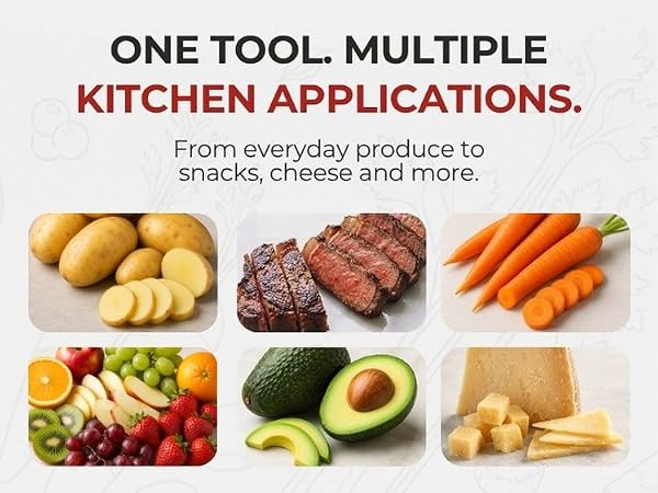 Vegetable chopper slices potatoes carrots meat cheese and fruit for everyday meal prep