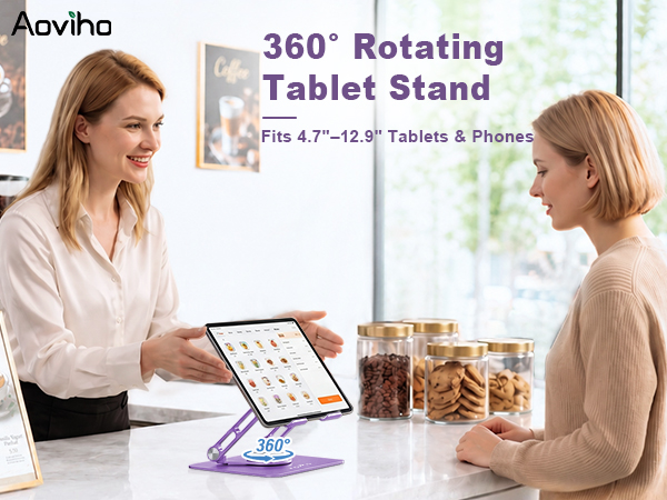 Adjustable rotating tablet stand for iPad, studying, streaming, kitchen recipes and video calls