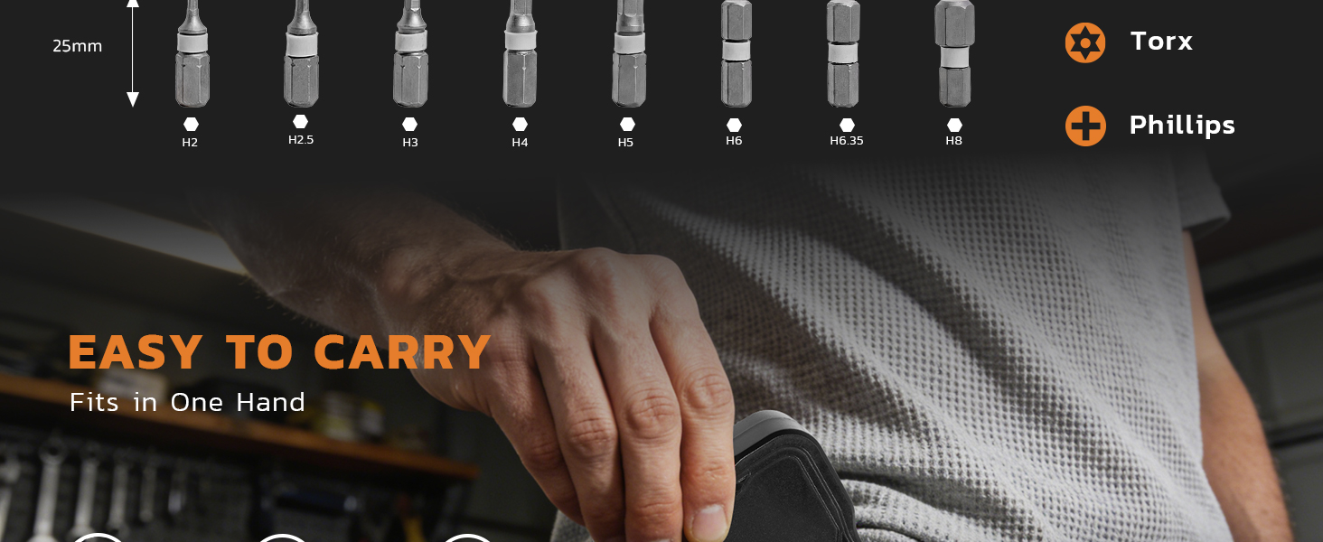 Wide bit selection covers the most common household screw types.