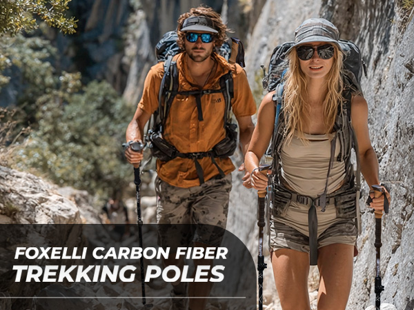 Foxelli 7.6?oz carbon trekking poles on rocky trail—lightweight hiking sticks for joint relief