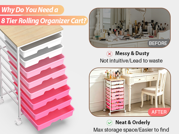 Goovilla 8-tier organizer cart, increase vertical space, keeps table clean and items easy to find