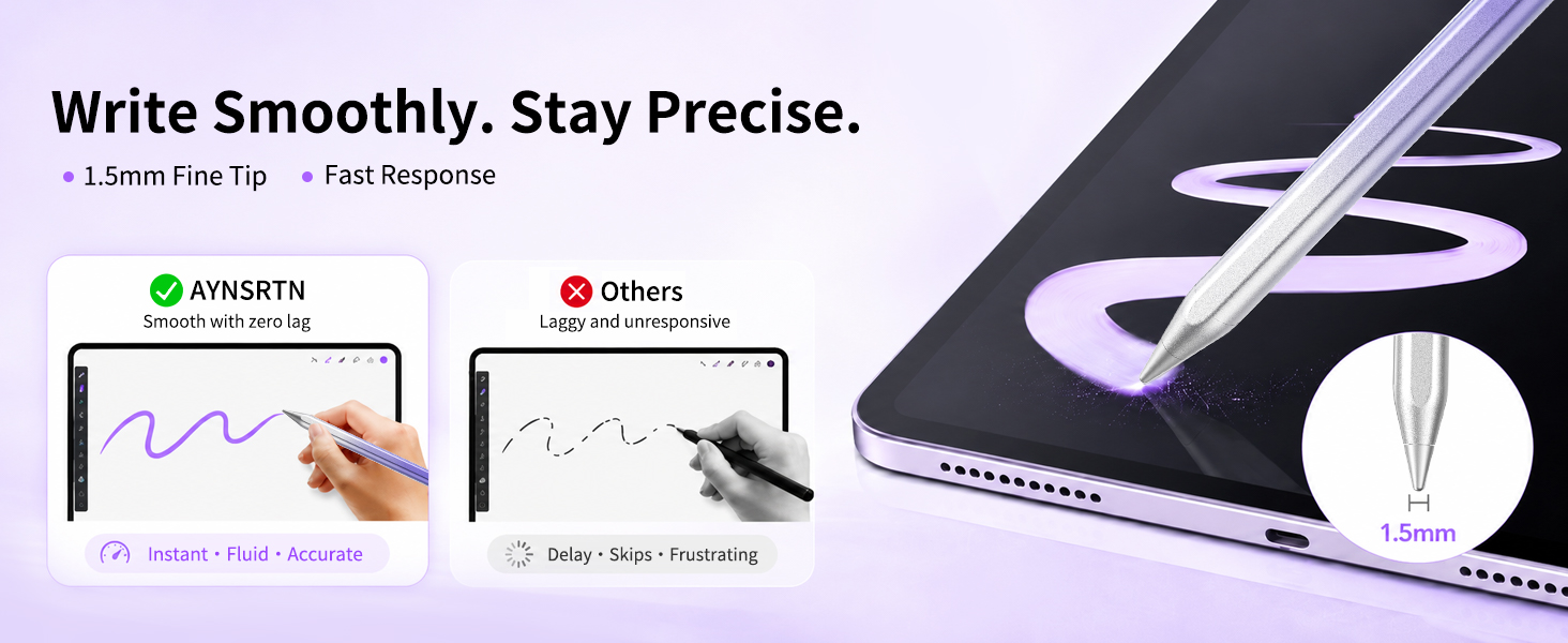 Smooth, precise 1.5mm tip with fast response—iPad Stylus Pen, iPad Pencil A16, Pen for iPad.