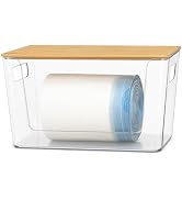 Trash Bag Holder with Bamboo Lid - Stackable Under Sink Organizer & Garbage Bag Dispenser for Kit...