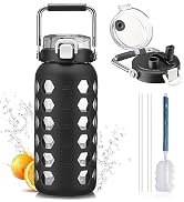 MUKOKO 64oz glass water bottles with Straw and Lid,half gallon water bottle with Time Marker,Larg...