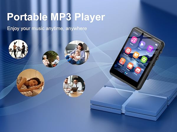 Portable MP3 player with touchscreen display showing colorful app icons. Device rests on blue surface. Circular images showcase various listening scenarios.