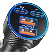 USB C Car Charger, Upgraded 90W 4-Port Dual 12V USB-C & USB-A Car Phone Charger Multiport QC 3.0/...