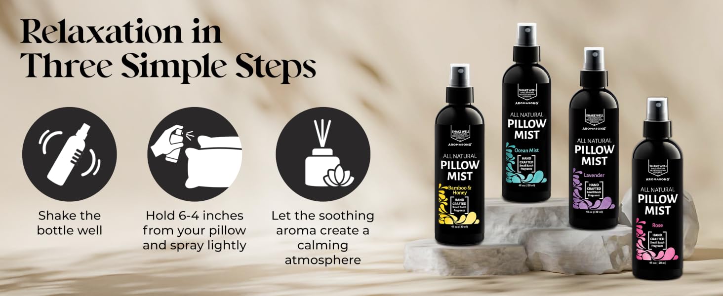 shake hold 6-4 inches from pillow let aroma create soothing atmosphere