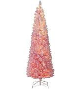 Goplus 6ft Pink Slim Pencil Christmas Tree, Pre-lit Snow Flocked Artificial Skinny Xmas Tree with...