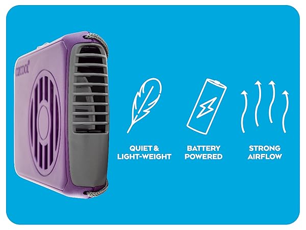 O2Cool Deluxe Necklace Fan Purple Top Down View Quiet, Battery Powered, Strong Airflow