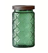 Vintage Glass Storage Container, Green Glass Jar with Solid Wood Lid, 34 FL OZ Decorative Jar for...