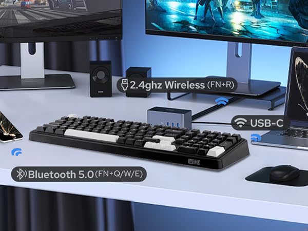 a desk with a keyboard, mouse, and other accessories.