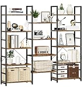 NUMENN Triple Wide 5 Tier Bookshelf, Rustic Industrial Style Bookcases and Bookshelves with 14 Op...
