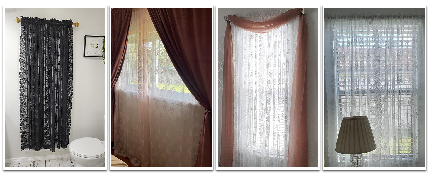 Kotile sheer lace curtains buyer show country rustic floral pattern sheer lace curtains 2 panels