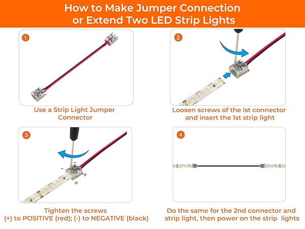 Extend 2pcs 2835 LED strip lights by using 2-pin jumper connector with step-by-step wiring guide