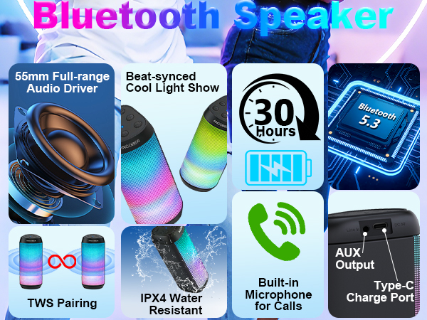 Portable Bluetooth Speaker, loud sound, 30 hours long battery life, BT 5.3, TWS Pairing