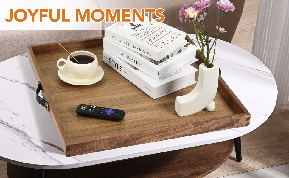 wooden serving tray,large ottoman tray,home decor tray,breakfast dinning tray,elegant leather handle