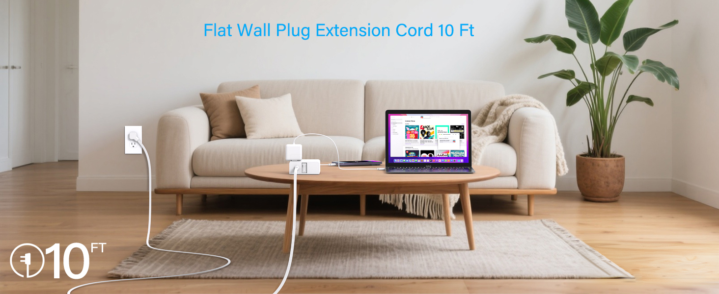 Flat wall plug extension cord
