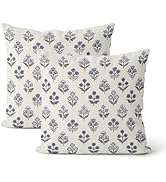 DAFENA Blue Grey Pillow Covers 18x18 Inch 2 Pcs Gray Block Print Vintage Floral Decor Throw Pillo...