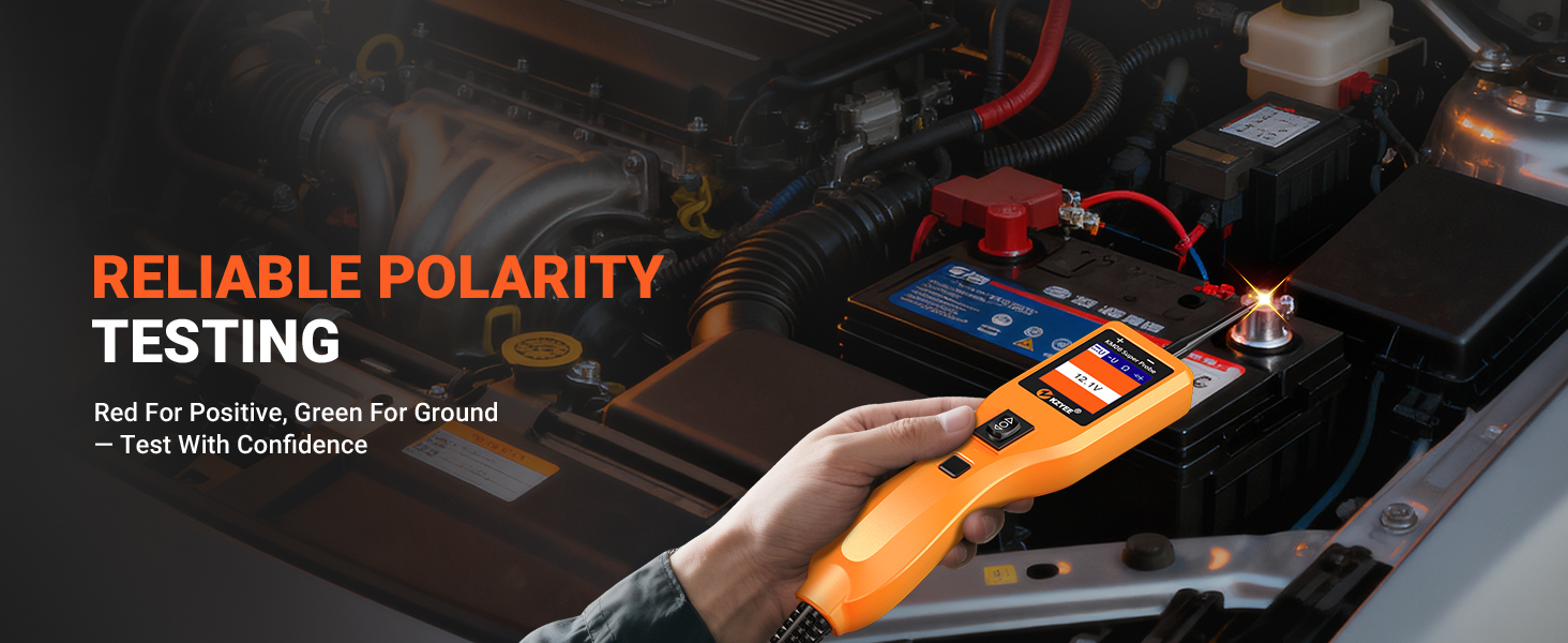 Polarity testing tool that uses red and green indicators to identify positive and ground circuits.