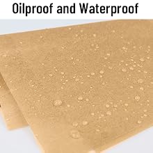 Closeup of a light brown material surface with water droplets, demonstrating oil and water resistance properties.