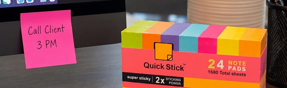 QuickStick 24-pack 1680 sheets, bright sticky note on monitor