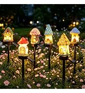 Daily Partner Solar Mushroom Lights for Outside, Cute Waterproof LED House Statues with Ground St...