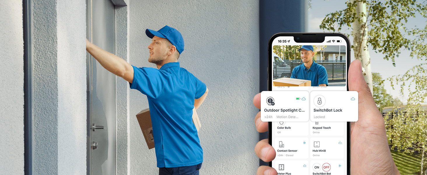 a man wearing a blue uniform standing next to a wall with a delivery man holding a box.