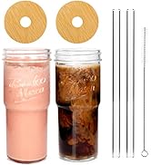 ANOTION Glass Cups with Lids and Straws 2 Packs, 24oz Travel Coffee Mug Wide Mouth Mason Jar Iced...