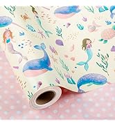 Flyhill Reversible Mermaid Wrapping Paper Roll- Whale,Turtle and Sea Creature with Pink Polka Dot...