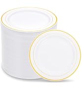 WELLIFE 144Pcs Gold Dessert Plates, 7.5 Inch Plastic Appetizer Plates, White Plates with Gold Rim...