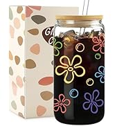 Mikopei Cute Glass Cups with Lids and Straws - Flowers and Bubbles Iced Coffee Cup for Adults, Un...